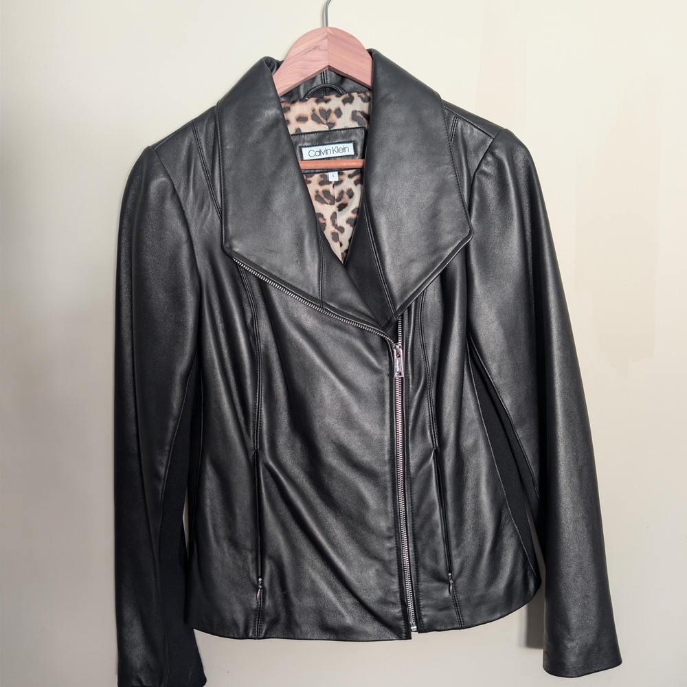 Calvin Klein Women's Black Genuine Lambskin Leather Jacket Small Leopard Lining